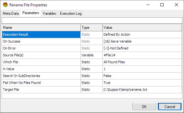 Rename File Action - Parameters tab