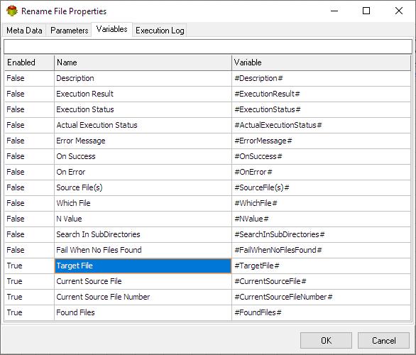 Rename File Action - Variables tab