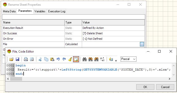 Rename Sheet Action - Calculated File Name example - Pascal