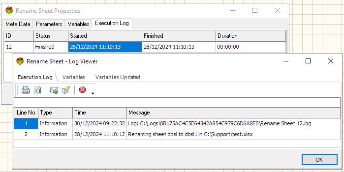 Rename Sheet Action - Execution log tab