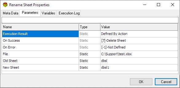 Rename Sheet Action - Parameters tab