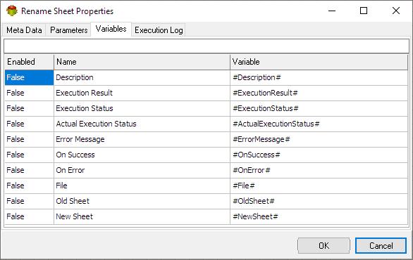 Rename Sheet Action - Variables tab