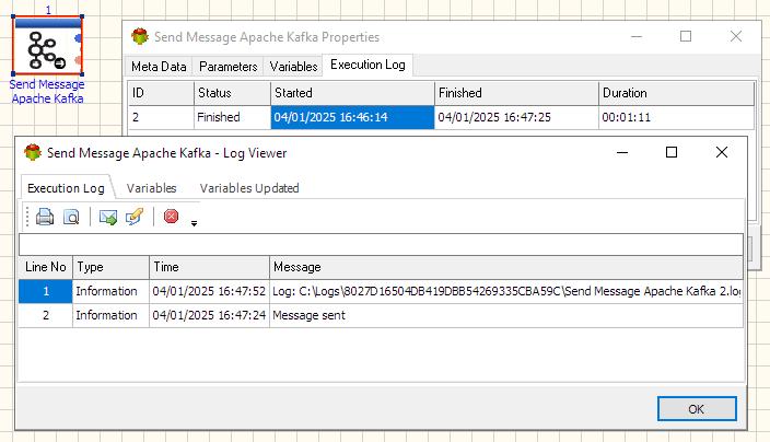 Send Apache Kafka Message Action - Execution log tab