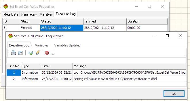 Set Excel Cell Value - Execution log tab