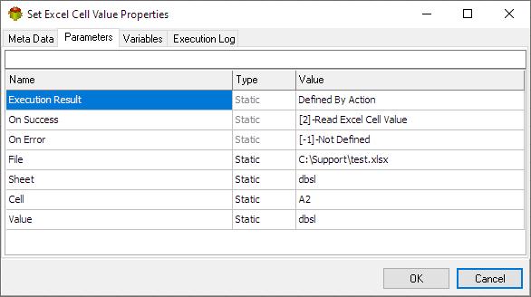 Set Excel Cell Value Action - Parameters tab