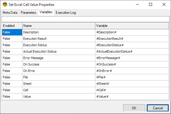 Set Excel Cell Value Action - Variables tab