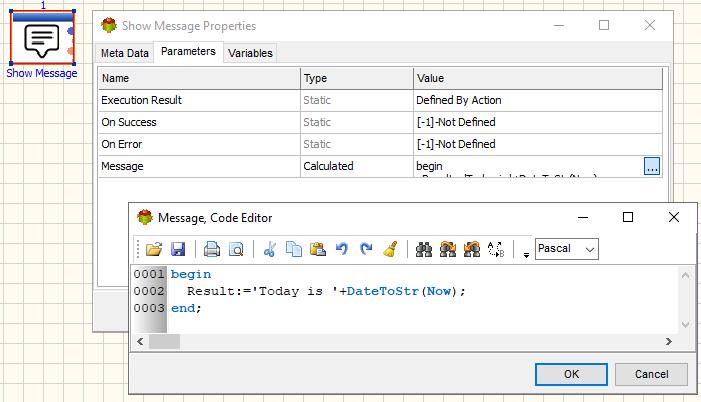 Show Message Action - Calculated Message example - Pascal