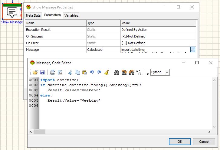 Show Message Action - Calculated Message example - Python