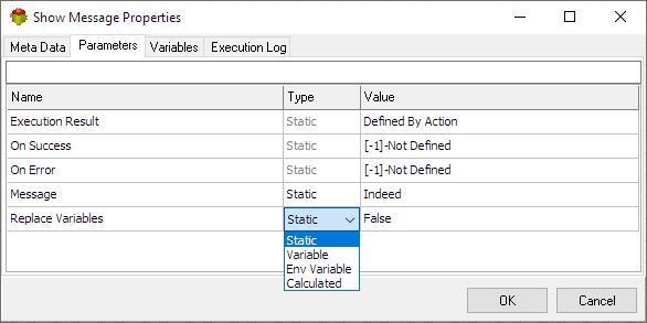 Show Message Action - Parameters tab