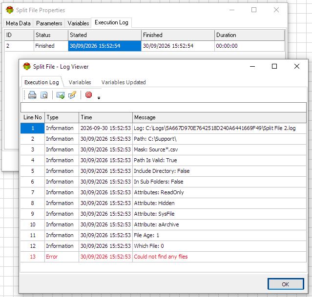 Split File Action - Execution log tab