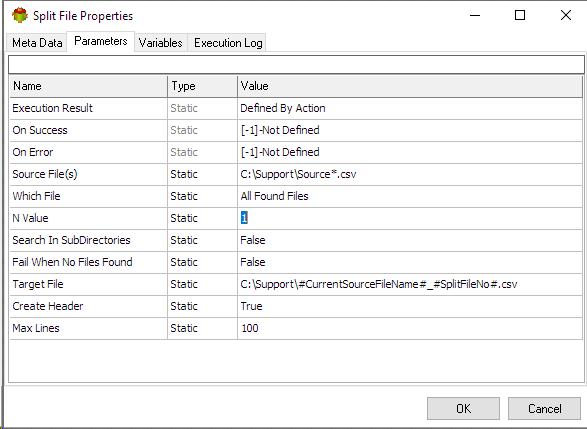 Split File Action - Parameters tab