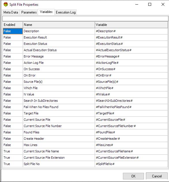 Split File Action - Variables tab