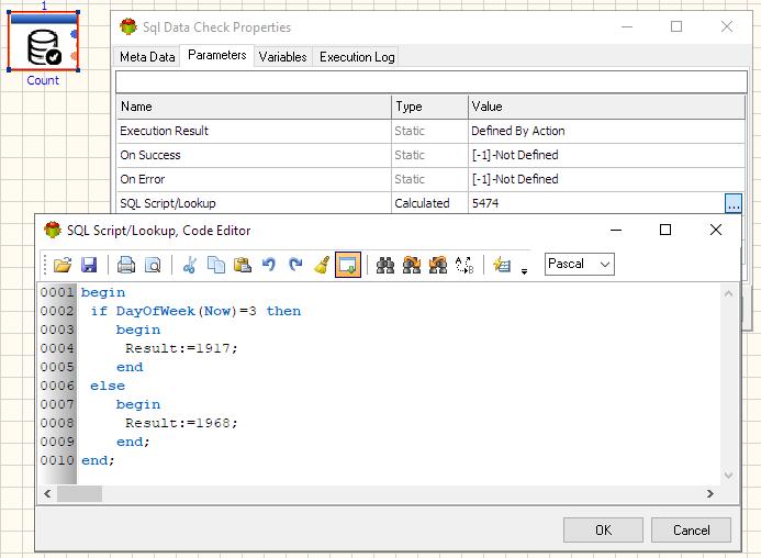 SQL Data Check Action - Calculated Parameter example - Pascal