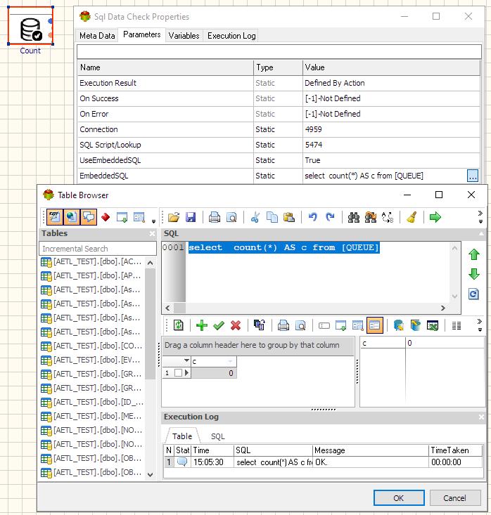 SQL Data Check Action - Editing SQL Embedded Script Parameter