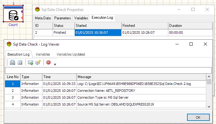SQL Data Check Action - Execution log tab