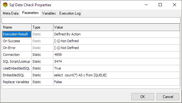 SQL Data Check Action - Parameters tab