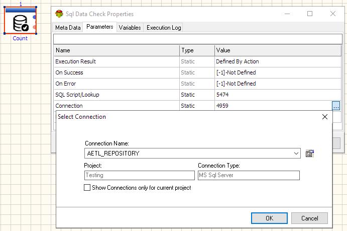SQL Data Check Action - Editing SQL Data Check Connection Parameter