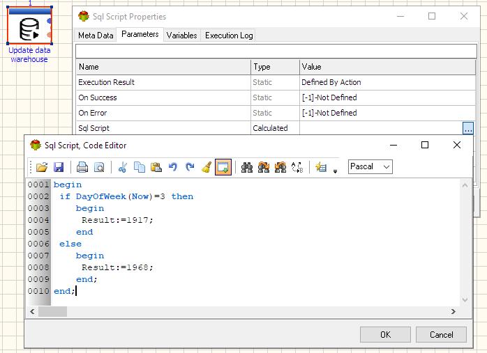 SQL Script Action - Calculated Parameter example - Pascal