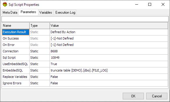 SQL Script Action - Parameters tab