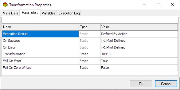 Transformation Action - Parameters tab