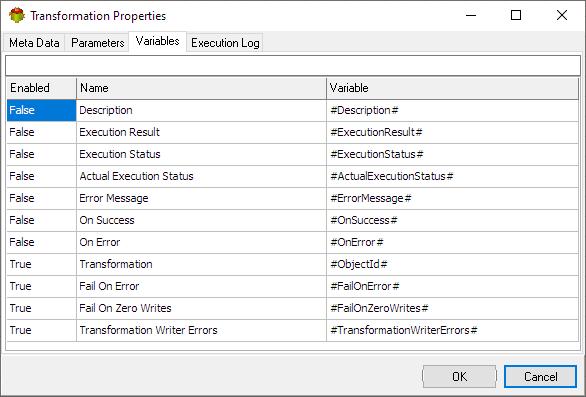 Transformation Action - Variables tab