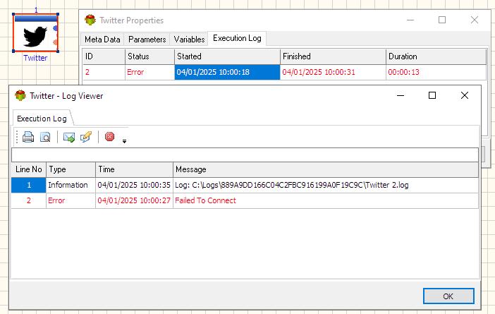 Twitter (X) Action - Execution log tab