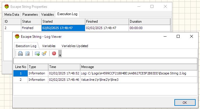 UnEscape String Action - Execution log tab