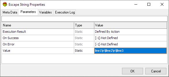 UnEscape String Action - Parameters tab