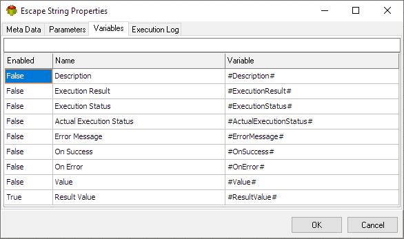 UnEscape String Action - Variables tab