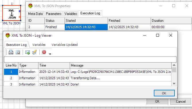 XML To Json Action - Execution log tab