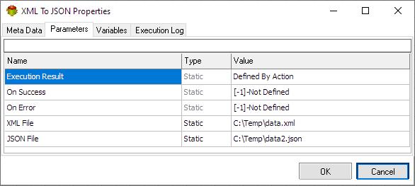 XML To Json Action - Parameters tab