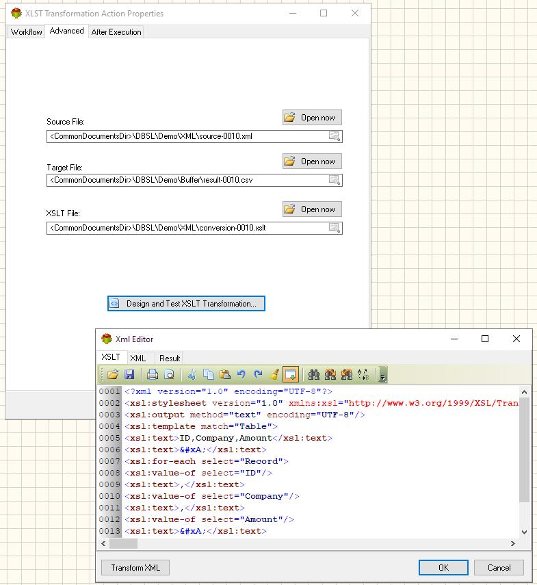 XSLT Package Action - Advanced tab