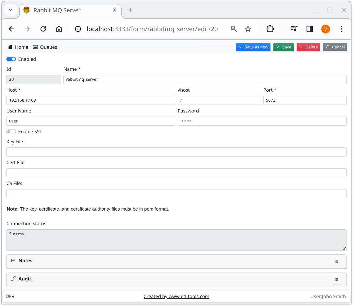 RabbitMQ Logger Servers form